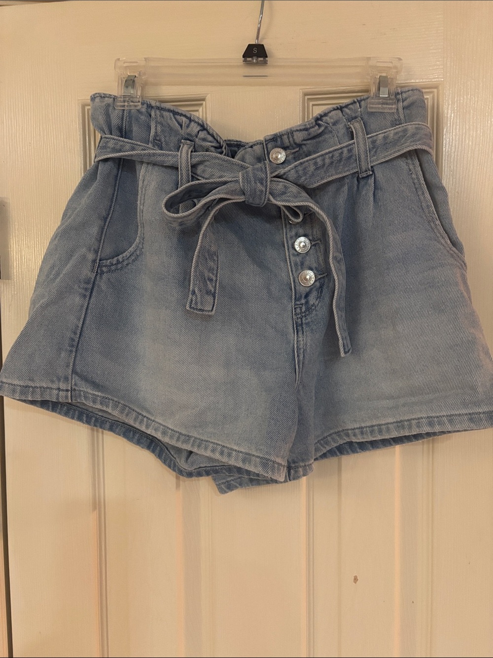 American Eagle Outfitters Light Blue High-Rise Paperbag Denim Shorts with Tie